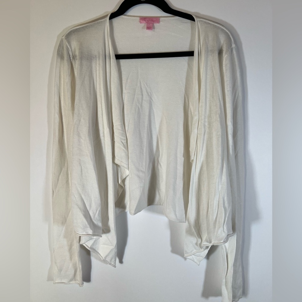 Lilly Pulitzer draped cardigan open resort white colony waterfall sz L preppy